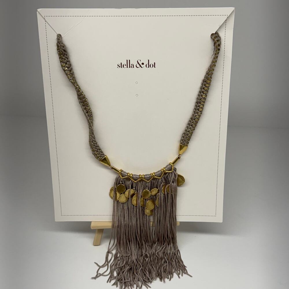 Stella & Dot Samar Fringe Necklace Taupe Gold Coin Tassel Boho w/ Box N858G